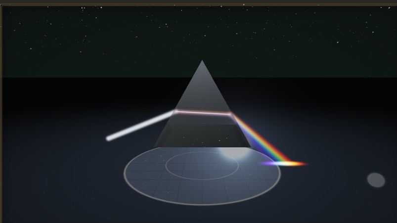 White light dispersing through a glass prism into a rainbow in the Spectral Light Lab